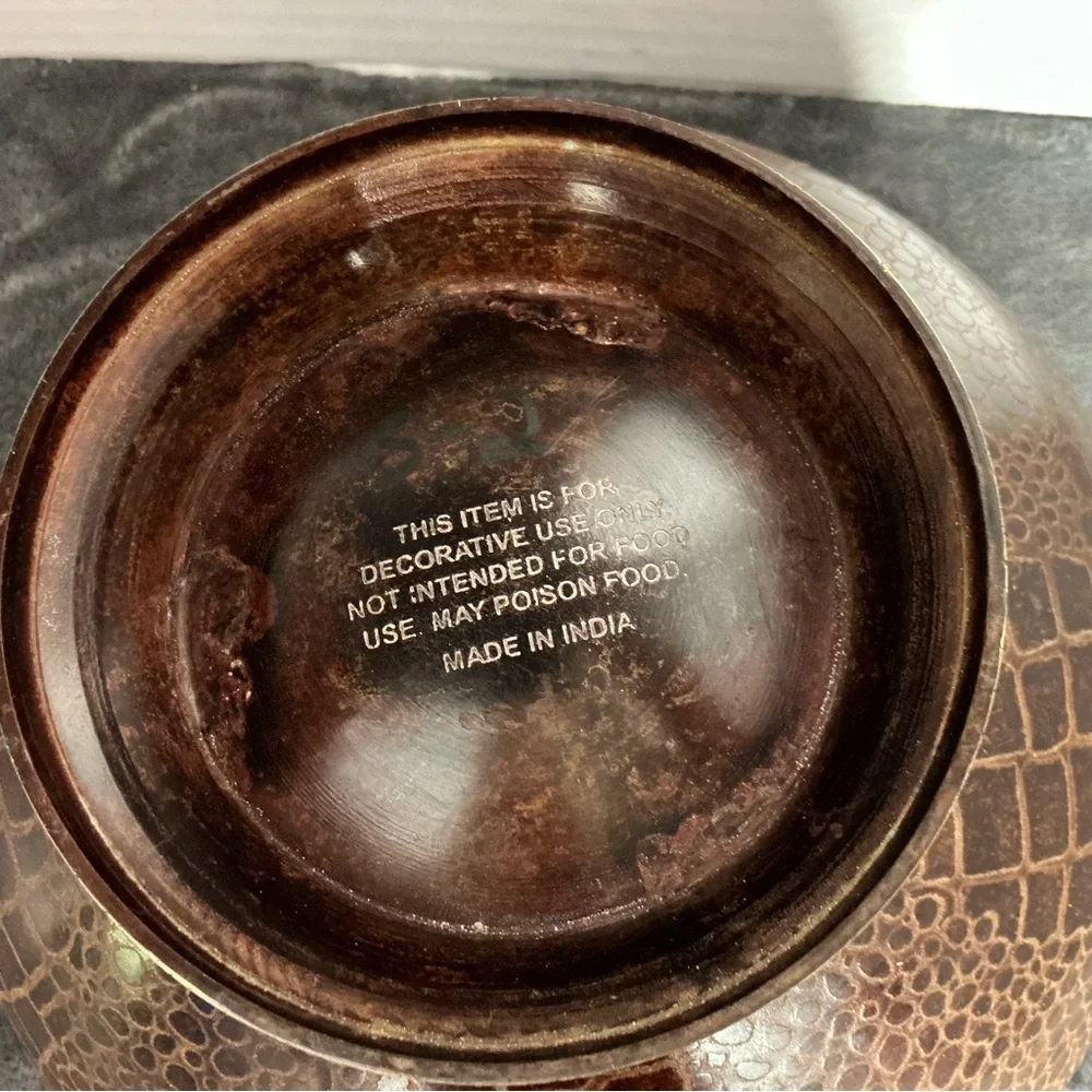 Decorative Brown Etched Metal Bowl Textured Pattern Pedestal‎ Base Made in India